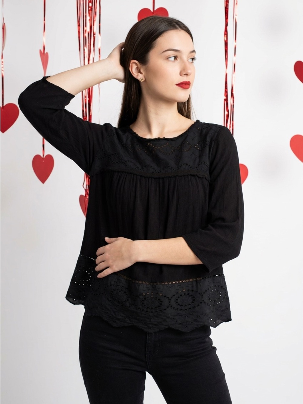 Knox Rose Black Eyelet Peasant Blouse